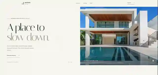 Tangkapan layar website Aesthetic Villa dengan tata letak krem minimalis, tipografi elegan, dan foto villa modern dengan kolam renang