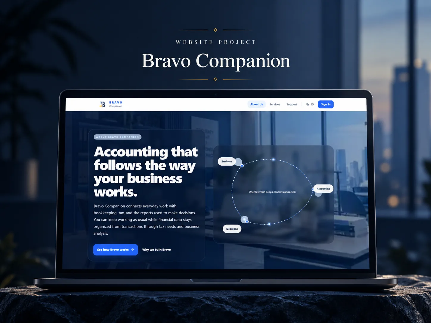 Mockup laptop menampilkan website Bravo Companion dengan halaman bisnis dan akuntansi berwarna biru