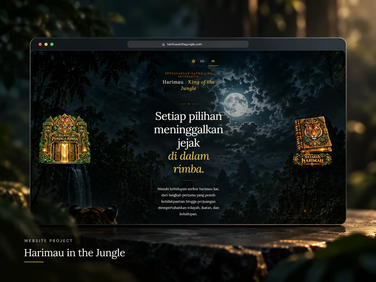 Mockup browser menampilkan website Harimau in the Jungle dengan hutan malam, cahaya bulan, dan ilustrasi harimau